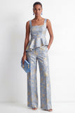 Grey Blue Square Neck Jacquard 2 Piece Ruffled Women Suits