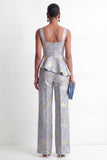 Grey Blue Square Neck Jacquard 2 Piece Ruffled Women Suits