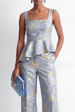 Grey Blue Square Neck Jacquard 2 Piece Ruffled Women Suits