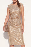 Sparkly Golden Round Neck Bodycon Sequins Midi Work Dress with Slit