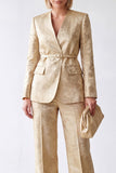 2 Piece Golden V-Neck Jacquard Women Suits with Belt