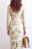 Yellow Flower 2 Piece Peak Lapel Single Breasted Jacquard Work Dress with Slit