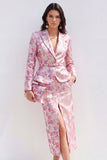 Pink Fuchsia Flower Satin 2 Piece Peak Lapel Midi Dress with Slit