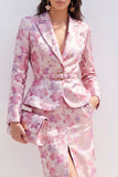 Pink Fuchsia Flower Satin 2 Piece Peak Lapel Midi Dress with Slit