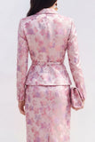 Pink Fuchsia Flower Satin 2 Piece Peak Lapel Midi Dress with Slit