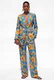Blue Floral 2 Piece Notch Lapel One Button Women Suits