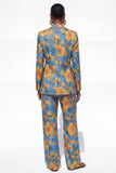Blue Floral 2 Piece Notch Lapel One Button Women Suits
