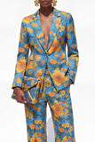 Blue Floral 2 Piece Notch Lapel One Button Women Suits