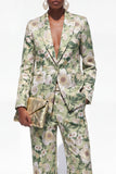 Blue Floral 2 Piece Notch Lapel One Button Women Suits