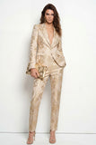 Golden 2 Piece Jacquard Peak Lapel One Button Slim Fit Women Suits