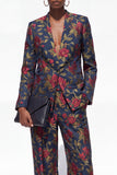 Black 2 Piece One Button Floral Jacquard Women Suits