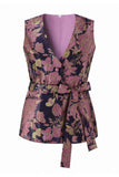 2 Piece Navy Pink Floral V-Neck Women Suits with Belt