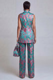 2 Piece Dusty Blue Floral Double Breasted Peak Lapel Women Suits