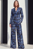 Peak Lapel 2 Piece Black Silver Floral Women Suits with Pockets