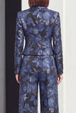 Peak Lapel 2 Piece Black Silver Floral Women Suits with Pockets