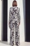 Peak Lapel 2 Piece Black Silver Floral Women Suits with Pockets