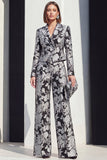 Peak Lapel 2 Piece Black Silver Floral Women Suits with Pockets