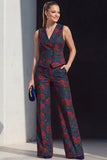 Navy Floral Double Breasted 2 Piece Women Suits with Pockets