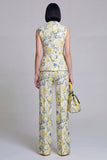 Grey Blue Jacquard Floral 2 Piece Peak Lapel Women's Suits