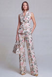 Grey Blue Jacquard Floral 2 Piece Peak Lapel Women's Suits