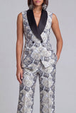 Blue 2 Piece Shawl Lapel Floral Double Breasted Women's Suits with Pockets