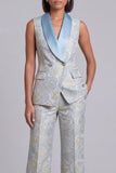 Blue 2 Piece Shawl Lapel Floral Double Breasted Women's Suits with Pockets