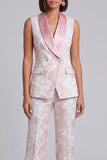 Blue 2 Piece Shawl Lapel Floral Double Breasted Women's Suits with Pockets
