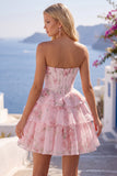 A-Line Yellow Strapless Corset Floral Tiered Homecoming Dress