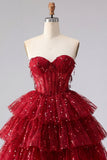 A-Line Burgundy Sweetheart Corset Tiered Sequins Homecoming Dress