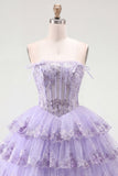 Tulle A-Line Blush Strapless Floral Corset Tiered Homecoming Dress