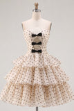 Apricot Black Dot A-Line Sweetheart Chiffon Tiered Homecoming Dress with Bow