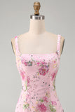 Pink Square Neck Bodycon Floral Sequins Homecoming Dress with Ruffles