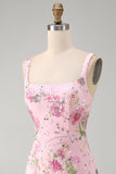 Pink Square Neck Bodycon Floral Sequins Homecoming Dress with Ruffles