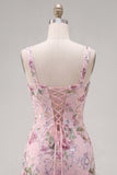 Pink Square Neck Bodycon Floral Sequins Homecoming Dress with Ruffles
