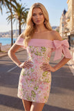 Off the Shoulder Pink Bodycon Floral Homecoming Dress with Sequins