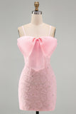 Pink Bodycon Spaghetti Straps Beaded Floral Homecoming Dress with Bow