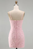 Pink Bodycon Spaghetti Straps Beaded Floral Homecoming Dress with Bow