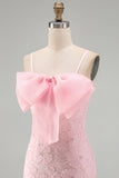 Pink Bodycon Spaghetti Straps Beaded Floral Homecoming Dress with Bow
