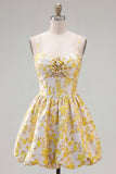 Yellow A-Line Spaghetti Straps Floral Homecoming Dress