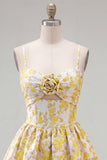 Yellow A-Line Spaghetti Straps Floral Homecoming Dress