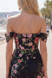 Black Off the Shoulder Bodycon Floral Homecoming Dress with Sash