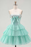 Mint A-Line Sweetheart Corset Chiffon Tiered Homecoming Dress