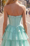 Mint A-Line Sweetheart Corset Chiffon Tiered Homecoming Dress