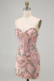 Pink Bodycon Sweetheart Floral Corset Homecoming Dress with Beading