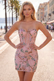 Pink Bodycon Sweetheart Floral Corset Homecoming Dress with Beading