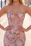 Pink Bodycon Sweetheart Floral Corset Homecoming Dress with Beading