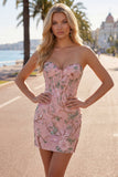 Pink Bodycon Sweetheart Floral Corset Homecoming Dress with Beading