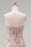 Pink Bodycon Sweetheart Floral Corset Homecoming Dress with Beading