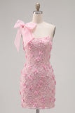 Pink 3D Floral One Shoulder Bow Bodycon Homecoming Dress