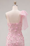 Pink 3D Floral One Shoulder Bow Bodycon Homecoming Dress